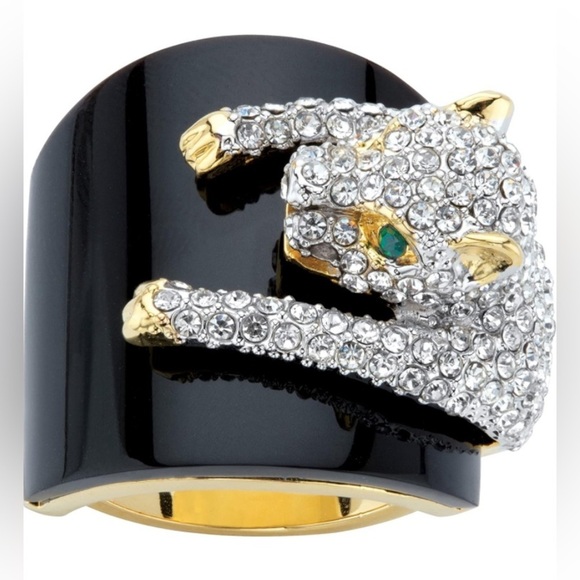 Yellow Gold Plated Natural Black Onyx Round Green Crystals Leopard Size 6 Ring